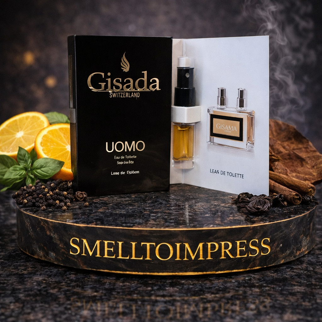 Stylish pedestal with Gisada Uomo 1.5ML 0.05 fl. oz. official perfume sample