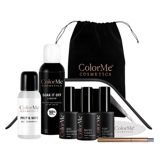 Set ColorMe Cosmetics: ColorMe, Gel, Semi-Permanent Nail Polish, 10 ml + ColorMe, Base Coat, Semi-Permanent Nail Polish, 10 ml + ColorMe, Top Coat, Semi-Permanent Nail Polish, 10 ml + Prep & Wipe, Nail Polish Remover, 50 ml + Soak It Off, Nail Polish